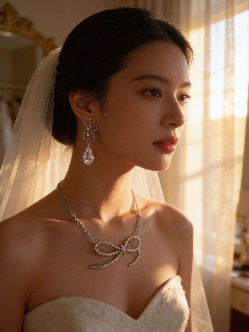 Crystal Bowknot Pendant Necklace & Drop Earrings Set Bridal, Weddings, Prom